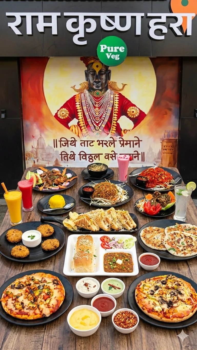 Lord Vitthal mural on restaurant exterior — the soul of Ram Krishna Hari Katraj