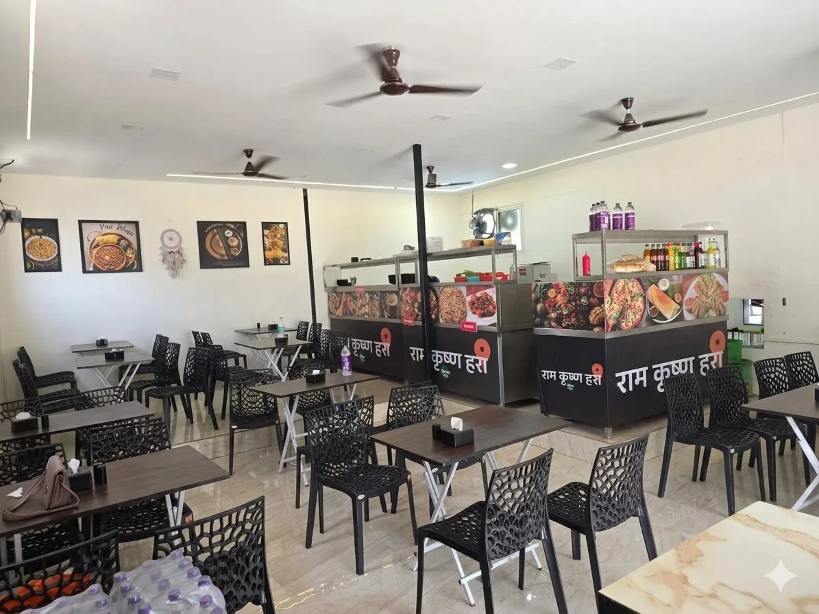 Clean open dining area inside Ram Krishna Hari, Katraj Pune